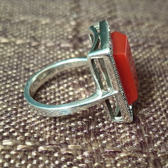 Rare Vintage Carnelian Marcasite 925 Sterling Art Deco Revival Statement Ring - Picture 5 of 12